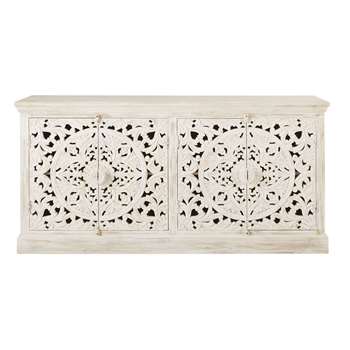 KERALA Carved White Solid Mango Wood 4-Door Sideboard (H90 x W180.5 x D40cm)
