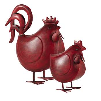 2 RAOUL metal hens in red (38 x 32cm)