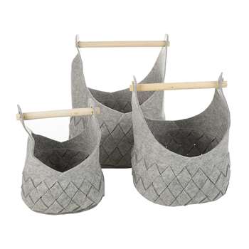 A by Amara - Grey Felted Basket with Wooden Handles - Set of 3