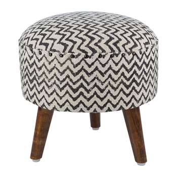 A by Amara - Printed Zigzag Round Stool - Natural/Black (H40 x W40 x D40cm)