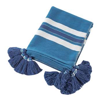 A by Amara - Thick Stripe Tassel Throw - Blue (H130 x W170cm)