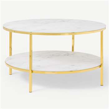 Alisma Round Two-Layer Coffee Table, Marble Effect Glass & Brass (H45 x W80 x D80cm)