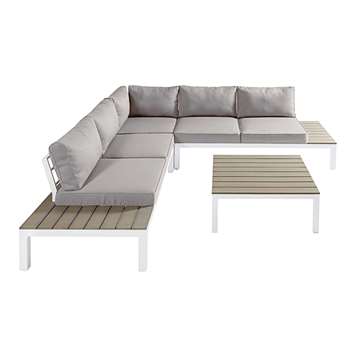 ANDAMAN 6-seater patio set in white aluminium composite with light grey cushions (80 x 247cm)