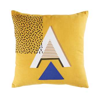 ANDREA Mustard Yellow Cotton Cushion with Graphic Motifs (H45 x W45cm)