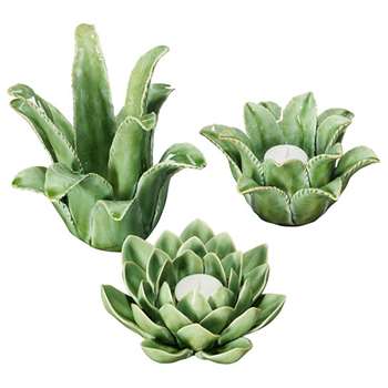 Artichoke and Desert Plant Candle Holders, Set of Three - Green (H18 x W18 x D17cm)