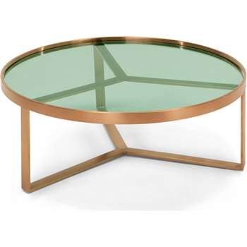 Aula Coffee Table, Brushed Copper and Green Glass (H35 x W90 x D90cm)