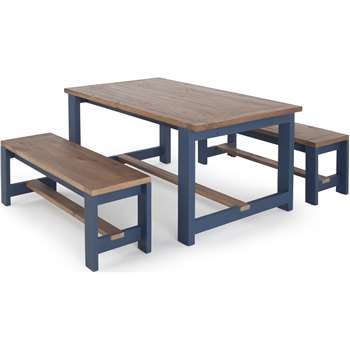 Bala Dining Table and Bench Set, Solid wood and Blue (H74 x W140 x D85cm)