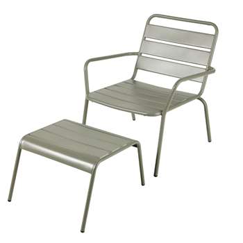 BATIGNOLLES Khaki Green Metal Garden Armchair and Footrest (H73 x W65 x D69cm)