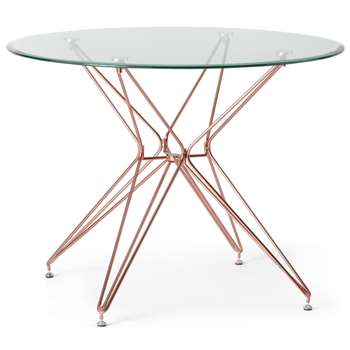 Belden 4 Seat Round Dining Table, Glass and Copper (H75 x W100 x D100cm)