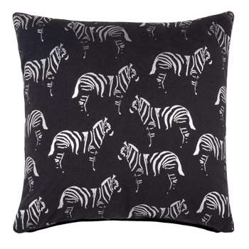 Black Cotton Cushion Cover with Printed Silver Zebras (H40 x W40cm)