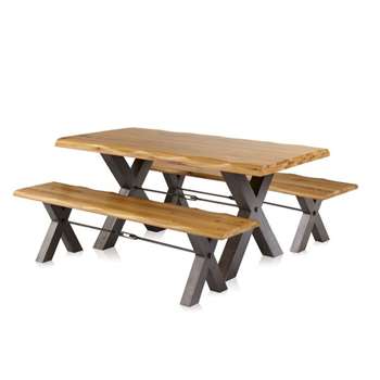 BROOKLYN - Natural Solid Oak 6ft Dining Table with 2 Benches and Tension Bar (H78 x W180 x D90cm)