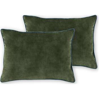 Castele Set of 2 Luxury Velvet Cushions, Dark Green with Teal Piping (H35 x W50cm)