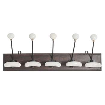 Ceramic, Metal and Mango Wood  Hanger with 5 Hooks (H19 x W55 x D10cm)