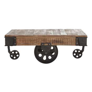 COLORADO Solid mango wood and metal industrial coffee table on castors (38 x 130cm)