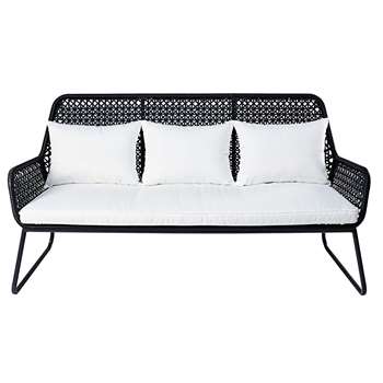 CUZCO 3-seater garden bench in black resin wicker with white cushions (88 x 163cm)