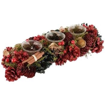 Dibor Pine Cone Christmas Triple Tea Light Candle Holder (H10.5 x W39 x D15cm)