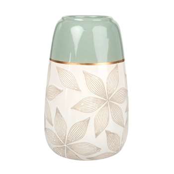 Ecru and Almond Green Ceramic Vase with Engraved Floral Print (H22 x W13 x D13cm)
