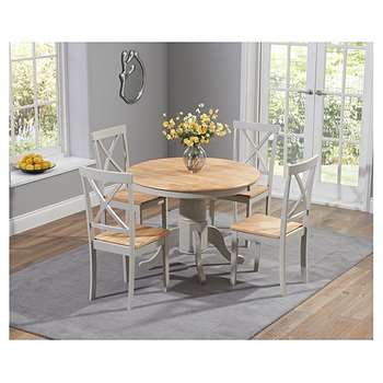 Epsom Oak and Grey Pedestal Extending Dining Set with Four Chairs (H76 x W100-131 x D100cm)