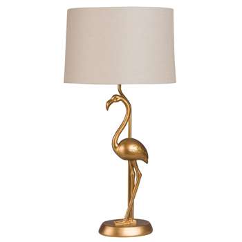 FLAMINGO Gold Pink Flamingo Lamp with Beige Fabric Shade (H66.5 x W32cm)