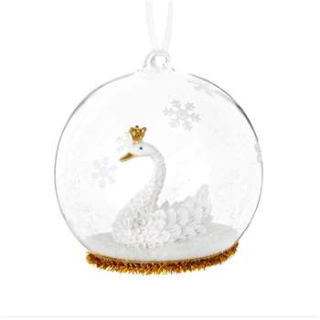 Glass Christmas Bauble with Swan and Snowflake Decoration, Set of 6 (H10.2 x W8.8 x D8.8cm)