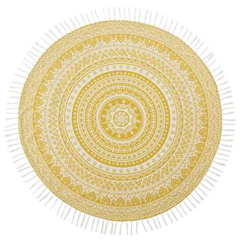 HAPPY ZEN Yellow Cotton Fouta Beach Towel with White Mandala Print (Diameter 150cm)