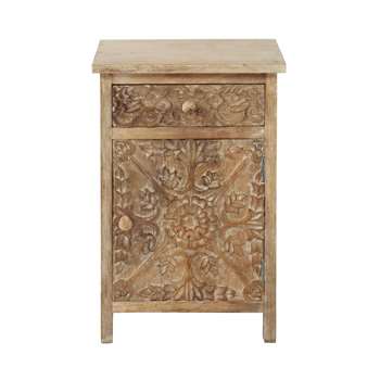 HIMALAYA Carved solid mango wood bedside table with drawer in whitewash (H60 x W42 x D32cm)