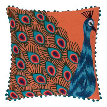 Ian Snow - Peacock Embroidered Pom Pom Cushion Cover - Orange (H45 x W45cm)