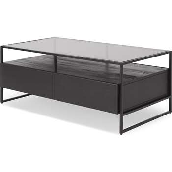 Kilby Storage Coffee Table, Black Stained Mango Wood and Smoked Glass (H47 x W118 x D60cm)