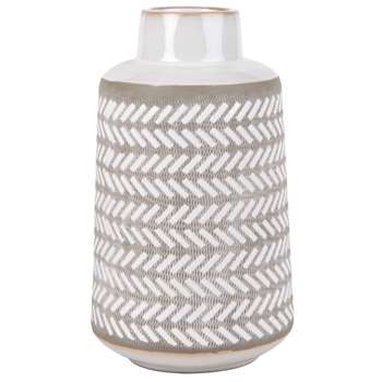 Light Grey and Taupe Ceramic Vase with Graphic Print (H30 x W17.5 x D17.5cm)