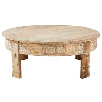 MANILAL Carved Solid Mango Wood Round Coffee Table (H35 x W90 x D90cm)