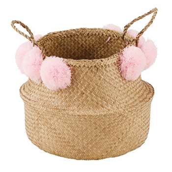 MAYA Basketwork Basket with Pink Pompoms (H35 x W45 x D45cm)