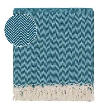Merkez Cotton Blanket, Teal & Off-White Herringbone Design (150 x 245cm)