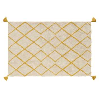 MIRIAN - Ecru Cotton Berber Rug with Mustard Yellow Graphic Motifs (H120 x W180 x D1.5cm)