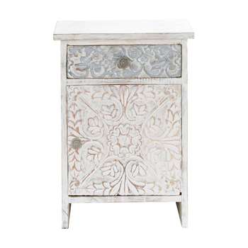 NAMASTE Carved solid mango wood Indian bedside table in white (60 x 42cm)