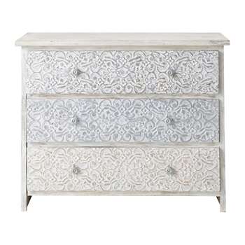 NAMASTE Solid mango wood carved Indian chest of drawers in white (80 x 100cm)