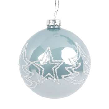 NATURE Light Blue Tinted Glass Christmas Bauble with White Christmas Trees, Set of 6 (H8 x W8 x D8cm)