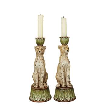 Pair of Lakadema Leopard Candle Holders (H25 x W9 x D9cm)