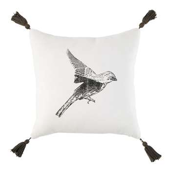PHILOMENE Ecru Cotton and Linen Cushion with Black Bird Print (H35 x W35 x D10cm)