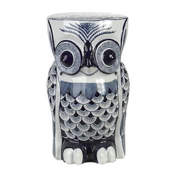 Pols Potten - Blue Porcelain Flower Owl Stool (H41.3 x W26 x D24cm)