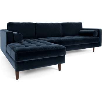 Scott 4 Seater Left Hand Facing Chaise End Corner Sofa, Navy Cotton Velvet (H84 x W259 x D171cm)