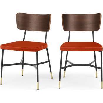 Set of 2 Amalyn Dining chair, Walnut & Flame Orange Velvet (H78 x W47 x D54cm)