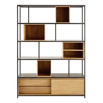 WAYAMPI Solid Mango Wood and Black Metal Bookcase (190 x 142cm)