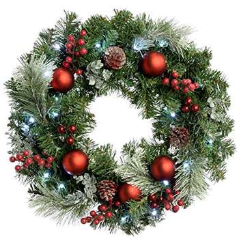 WeRChristmas Frosted Decorated Pre-Lit Illuminated with 20 Cool White LED Lights Christmas Decoration Wreath, Red (Diameter 60cm)
