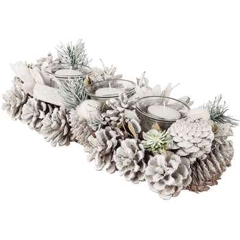 White Frosted Pine Cone Christmas Dining Table Triple Tea Light Candle Holder (H10 x W37 x D16.5cm)